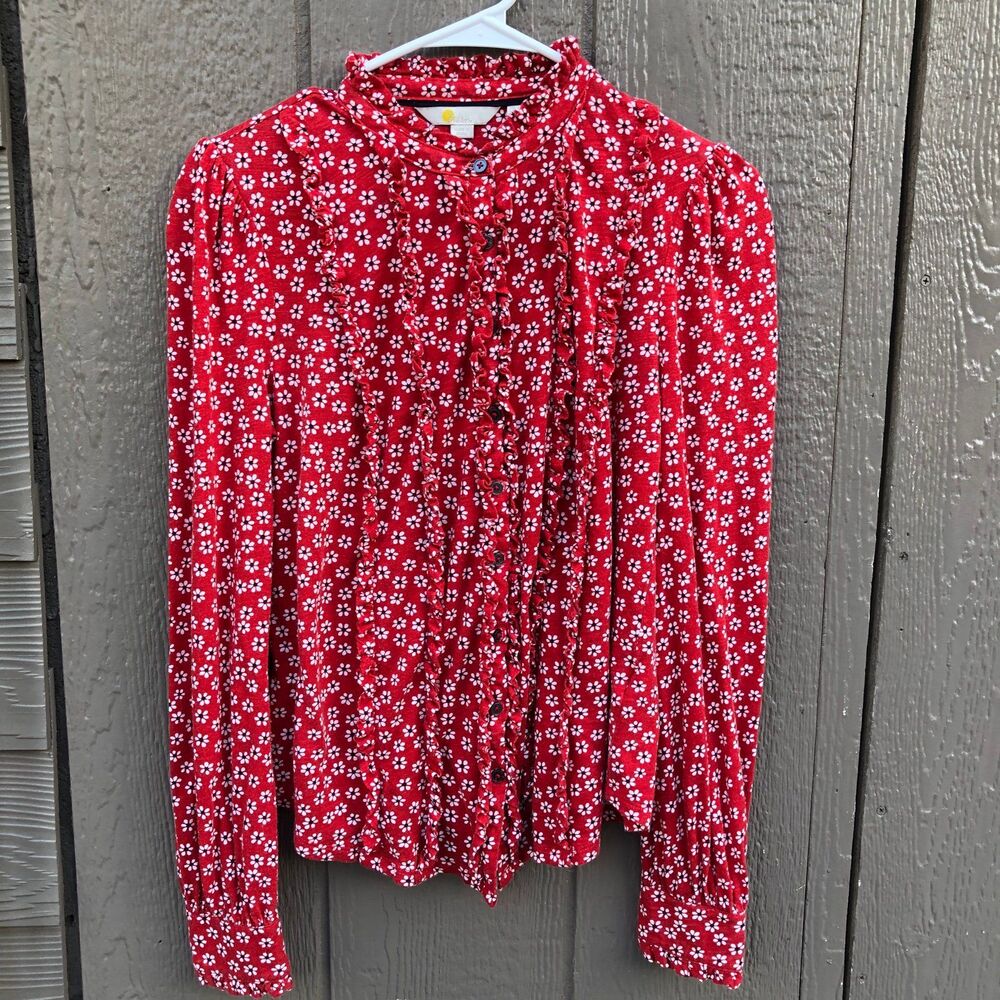 Boden US 2R Red Floral Frill Neck Floral Blouson Wrap Blouse Jersey Knit